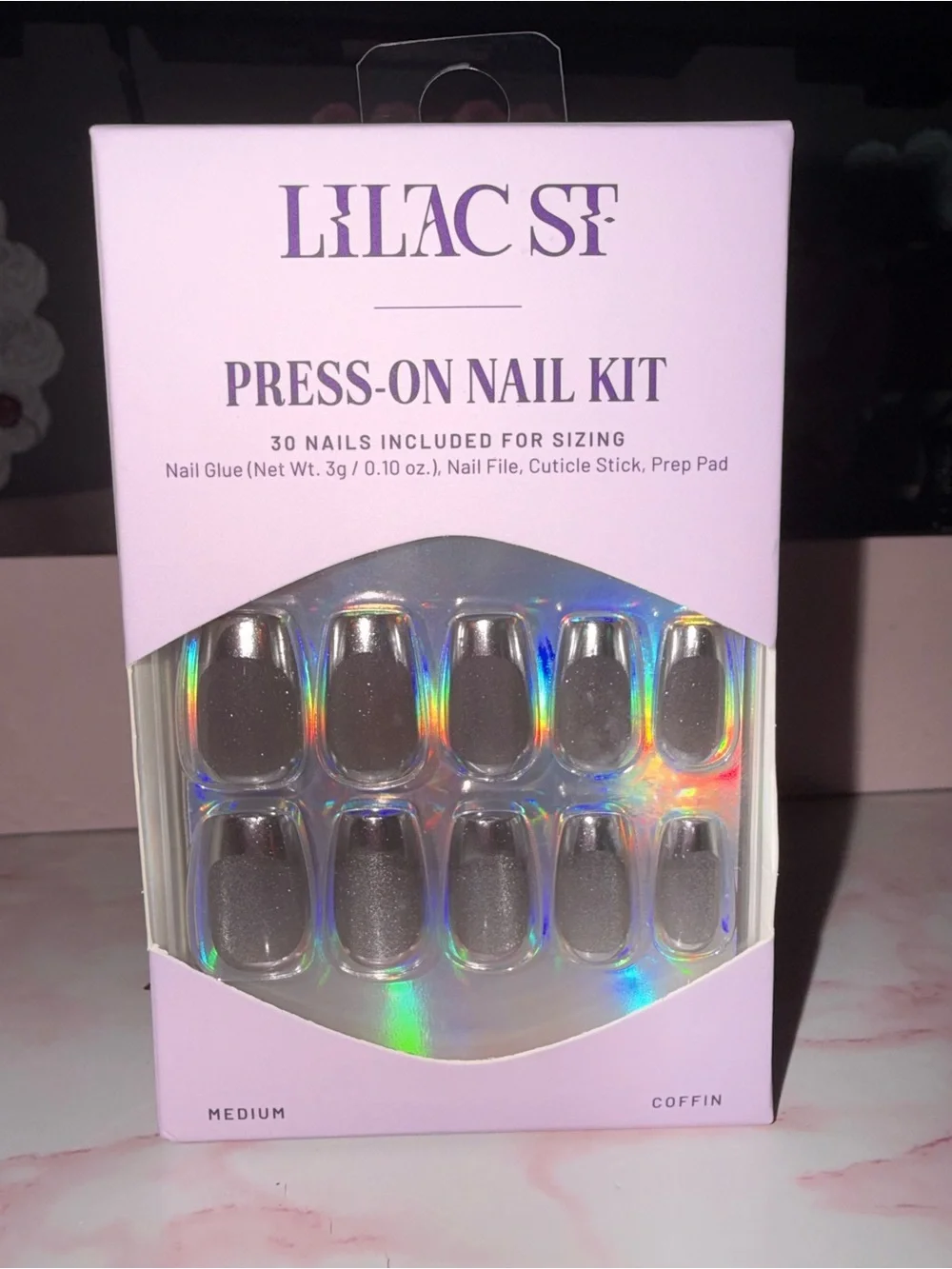 Lilac St. Silver Press-On Nail Kit - Medium Coffin (12 Nails)